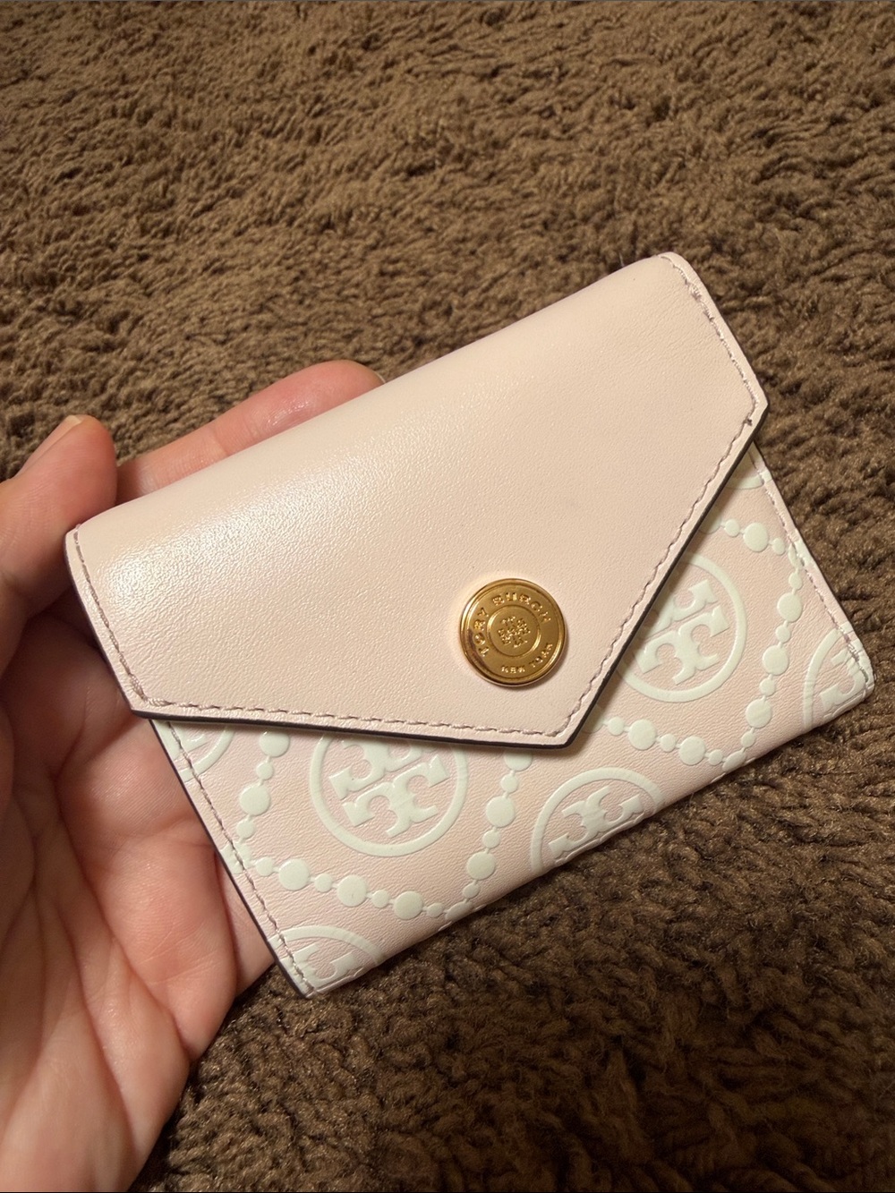 Tory Burch Powder Pink Leather Logo Card Case Wallet with Gold Snap